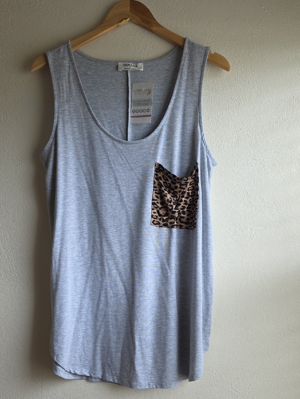 Zoe+Liv Gray Tank Top with Leopard Pocket